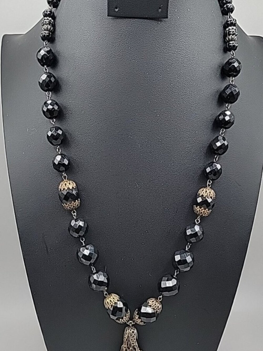 Belladonna Toronto Canada Black Fauceted Rhinestone Antique Brass Necklace 24"